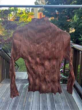 Brown Textured Pleated Mock Neck Top